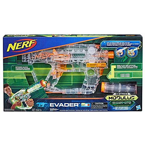 Nerf Modulus Ghost Ops Evader motorisierter, aufleuchtender, transparenter Blaster und Laufverlängerung, 12 Nerf Darts von NERF