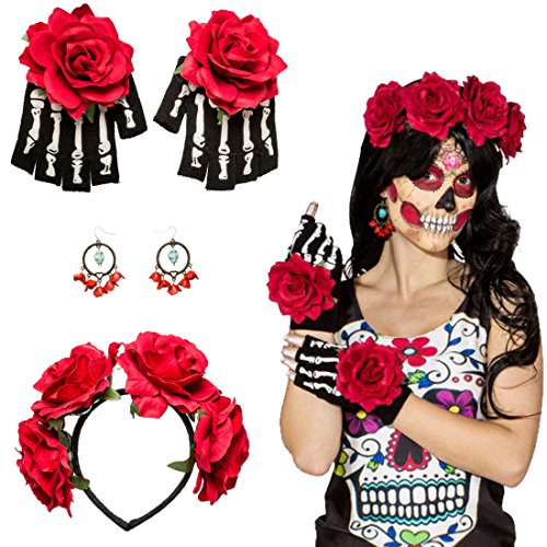 NET TOYS La Catrina Kostüm Set Haarreif, Ohrringe, Handschuhe Mexikanerin Accessoire Kostümzubehör Dia de los Muertos Halloweenkostüm Schmuck-Set NET TOYS La Catrina Kostüm Set Haarreif, Ohrringe, Handschuhe Mexikanerin Accessoire Kostümzubehör Dia de los Muertos Halloweenkostüm Schmuck-Set von NET TOYS