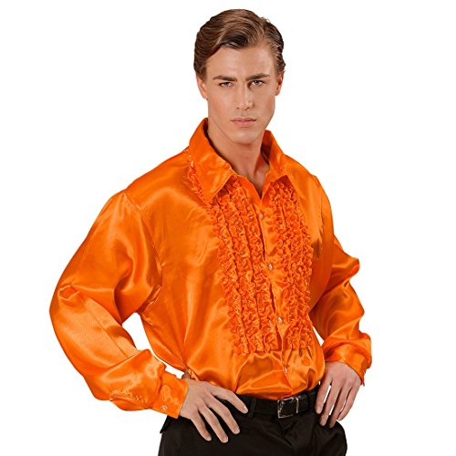 NET TOYS 70er Jahre Rüschenhemd Satinhemd Männer Orange XL 54/56 Satin Hemd Herren Retro Discohemd Schlager Schlagerhemd Disco Herrenkostüm Faschingskostüm von NET TOYS