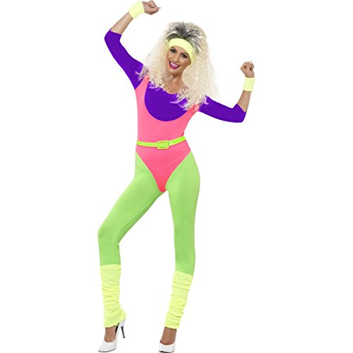 NET TOYS 80er Damen Kostüm Sport Buntes Aerobic Outfit M 40/42 Neon Jumpsuit 80s Workout Anzug Body Leggings Optik Stirnband Schweissband Faschingskostüme 80er Jahre von NET TOYS