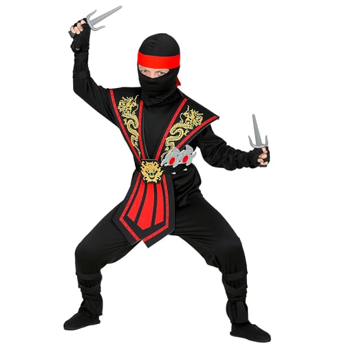 NET TOYS Angesagtes Ninja-Kostüm mit Waffen - Rot-Schwarz 128, 5-7 Jahre - Geheimnisvolle Jungen-Verkleidung Ninja-Kämpfer Outfit Shinobi mit Waffenset von NET TOYS