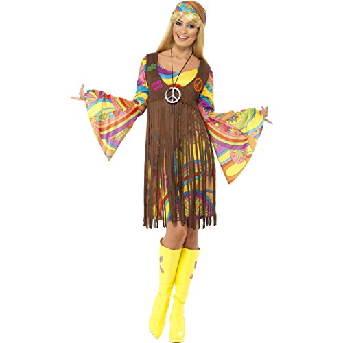 NET TOYS Buntes Hippie Outfit neon 70er Jahre Hippiekleid L 44/46 60er Jahre Kostüm Kleid mit Glockenärmeln Weste mit Fransen Stirnband 70s Look Blumenkind Peace and Love Karnevalskostüm Damen von NET TOYS