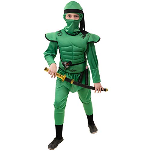 NET TOYS Coole Ninja-Verkleidung für Jungen - Grün 128cm, 6-8 Jahre - Herrschaftlicher Overall Samurai-Kämpfer - Der Hit für Asia-Party & Kinder-Karneval von NET TOYS