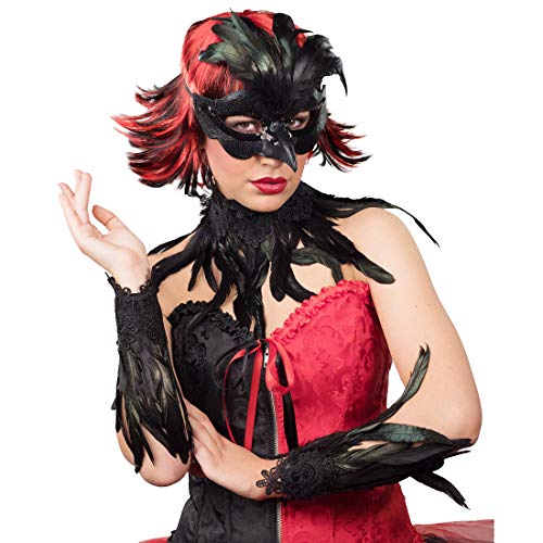 NET TOYS Edles Raben-Set mit echten Federn - Schwarz - Außergewöhnliche Damen-Accessoires mit Augenmaske, Choker, Armstulpen - Passend gekleidet für Karneval & Mottoparty von NET TOYS