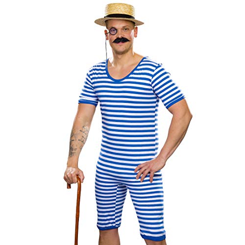 NET TOYS Gestreifter Badeanzug Herren Retro | Blau-Weiß in Größe XXL (60/62) | Sportliches Männer-Kostüm Ringelbadeanzug Nostalgie | EIN Highlight für Mottoparty & Kostümfest von NET TOYS