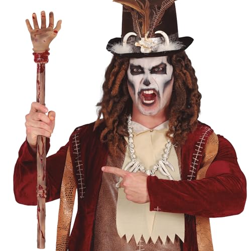 NET TOYS Gruseliger Voodoo Gehstock - Braun-Rot 70cm - Unheimliches Party-Kostüm-Zubehör Zepter Amputierte Hand - Halloween Spazierstock für Mottoparty & Horror-Party von NET TOYS