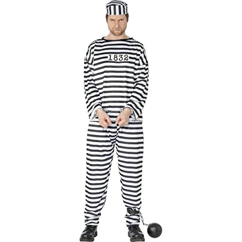 NET TOYS Herren Sträfling Kostüm Häftling schwarz weiß L 52/54 Sträflingskostüm Gefangener Kostüm Insasse Ausbrecher Outfit Junggesellenabschied von NET TOYS