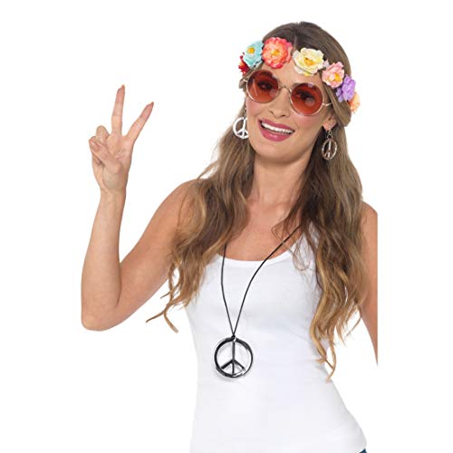 NET TOYS Hippie-Kostüm Set | Schöne Damen-Accessoires mit Blumen-Haarband, Brille, Peace-Kette & Ohrringen | Bestens geeignet für Schlagerparty & Festival von NET TOYS