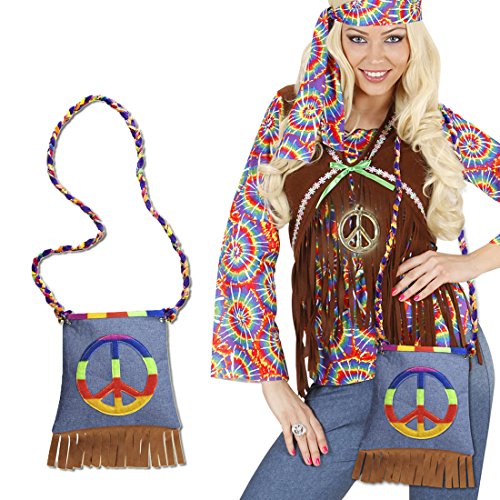 NET TOYS Hippie Tasche Peace Hippietasche 70er Jahre Fransentasche Flower Power Beutel 60er Jahre Damentasche Retro Mottoparty Stofftasche Karneval Kostüm Accessoires Damen von NET TOYS