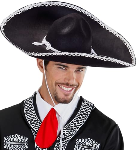 NET TOYS Mexikaner Sombrero - schwarz mit weißem Hutband, Einheitsgröße - Karnevalshut, Faschingshut von NET TOYS