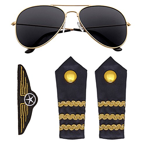 NET TOYS Piloten Kostüm Set mit Sonnenbrille, Schulterklappen und Abzeichen Fliegerabzeichen Pilot Flugkapitän Rangabzeichen Epauletten von NET TOYS