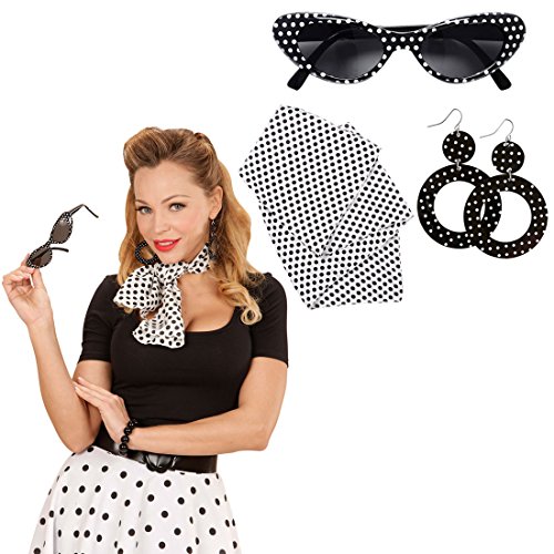 NET TOYS Rockabilly Kostüm Set mit Sonnenbrille, Ohrringe und Halstuch 50er 60er Jahre Bekleidung Rock n Roll Outfit Sixties Damenkostüm Accessoire Damen Kleidung Zubehör von NET TOYS