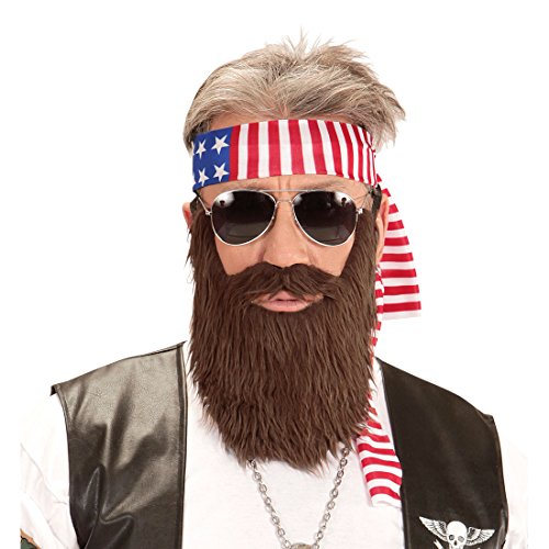 NET TOYS Rocker Kostüm Set Amerika Stirnband und Bart USA Biker Outfit Easy Rider Vollbart Falscher Kunst Bart Stars and Stripes Kleidung Herren von NET TOYS