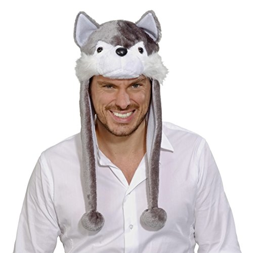 NET TOYS Wolf Mütze Plüsch Wolfsmütze grau-weiß Tiermütze Wolfmütze Hundemütze Plüschmütze Bommelmütze Tierhut Winter von NET TOYS