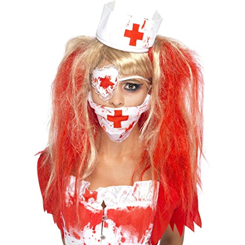 NET TOYS Zombie Krankenschwester Set Mundschutz Haube rot weiß Horror Augenklappe Halloween Nurse Horror Halloween Blut Kostüm Zubehör von NET TOYS