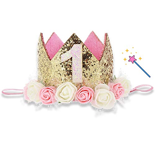 Baby 1 Jahr Geburtstag Krone, Prinzessin Geburtstag Mädchen Krone, Baby Haarband Geburtstagshut mit Pailletten und Rosendekor, Mädchen Geburtstagskrone Ideal 1.Geburtstag Geschenk und Geburtstagsdeko von NETUME