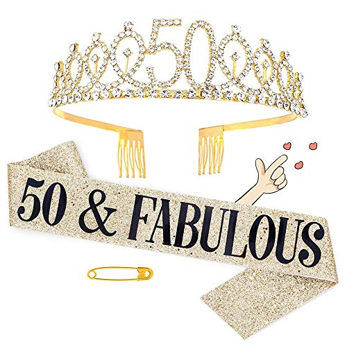 sufe 50. Geburtstag Krone & Schärpe Set, Golden, Klassisch, Frauen/Erwachsene, Ideal für Geburtstagsfeiern oder Feiern sufe 50. Geburtstag Krone & Schärpe Set, Golden, Klassisch, Frauen/Erwachsene, Ideal für Geburtstagsfeiern oder Feiern von sufe