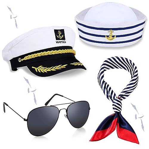 NETUME 4 Stück Kapitänsmütze Matrosenmütze Schal und Sonnenbrille, Kapitänsmütze Herren Ideal Matrosen Kostüm, Partyhut Marine Mütze Damen/Männer Marine Hut Kapitän Accessoires für Party Cosplay von NETUME