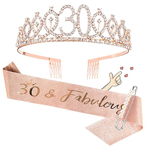 Geburtstagskrone Schärpe Junggesellinnenabschied, NETUME 30 Geburtstag Krone Prinzessin Strass Tiara und Geburtstag Schärpe, Ideal Party Dekoration 30. Geburtstag Geschenke für Frauen/Erwachsene von NETUME