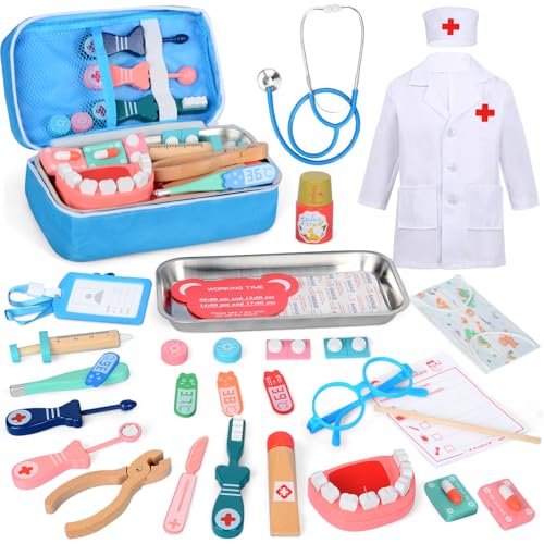 Arztkoffer Kinder Holz, Doktorkoffer Kinder ab 3 Jahre, Spielset Mit Echtem Stethoskop Thermometer Zahnmodell Arztkittel, Doktorspiele Kinder, Zahnarzt Spielzeug Kinder, Geschenk für Kinder Arztkoffer Kinder Holz, Doktorkoffer Kinder ab 3 Jahre, Spielset Mit Echtem Stethoskop Thermometer Zahnmodell Arztkittel, Doktorspiele Kinder, Zahnarzt Spielzeug Kinder, Geschenk für Kinder von NEUFOOD