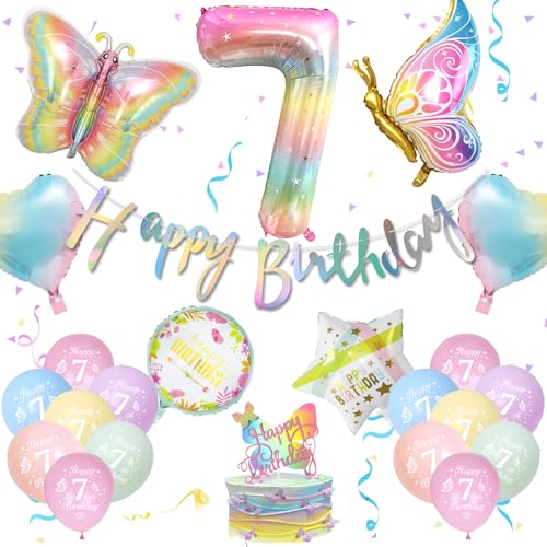 Deko 7. Geburtstag Mädchen, Schmetterling Deko mit Happy Birthday Girlande, Luftballon 7. Geburtstag, Ballons Pastell, Schmetterling Folienballon Tortendeko für 7 Jahr Party Deko von NEUFOOD