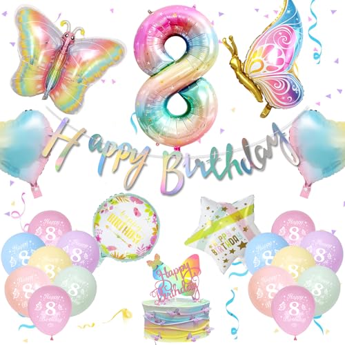 Deko 8. Geburtstag Mädchen - Schmetterling Set Mit Happy Birthday Girlande, Luftballons Pastell, Folienballon Und Tortendeko für Party Deko 8. Geburtstag Mädchen - Schmetterling Set Mit Happy Birthday Girlande, Luftballons Pastell, Folienballon Und Tortendeko für Party von NEUFOOD