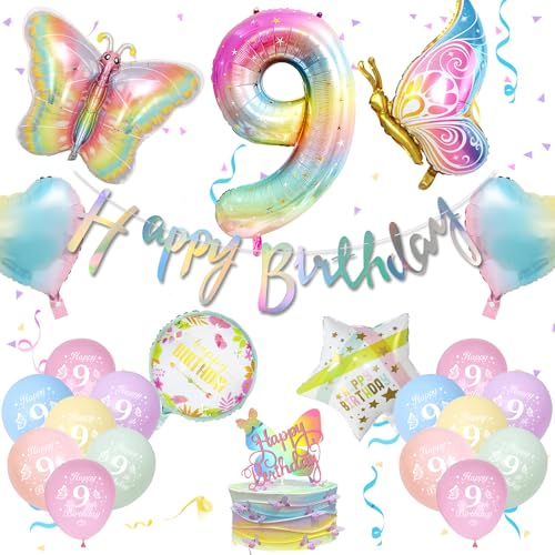 Deko 9. Geburtstag Mädchen, Schmetterling Deko mit Happy Birthday Girlande, Luftballon 9. Geburtstag, Ballons Pastell, Schmetterling Folienballon Tortendeko für 9 Jahr Party Deko Deko 9. Geburtstag Mädchen, Schmetterling Deko mit Happy Birthday Girlande, Luftballon 9. Geburtstag, Ballons Pastell, Schmetterling Folienballon Tortendeko für 9 Jahr Party Deko von NEUFOOD