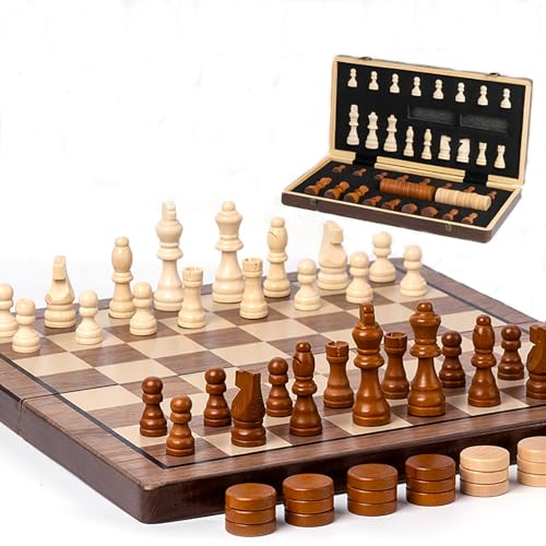 NEWFUN Magnetisches Schachspiel - 2 in 1 Schach- und Damespiel, Hochwertiges Faltbares Holz-Schachbrett, Kinderspielzeug und Geschenke von NEWFUN