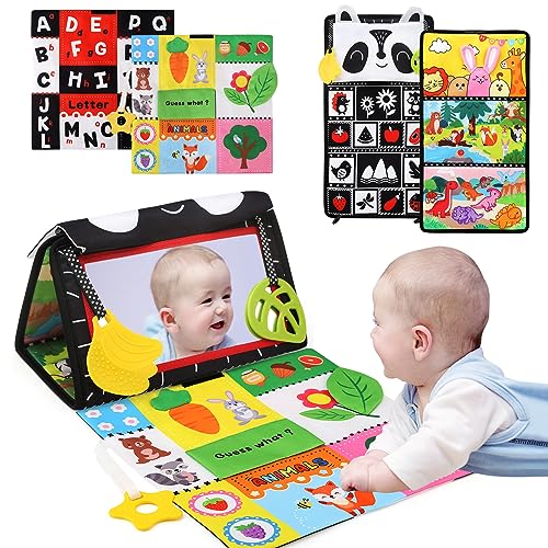 NEWSTYLE Baby Spielzeug 0 3 6 12 Monate, Baby Spiegel Spielzeug mit Knisterbuch Entwickelt, Kleinkinderziehung und Kognitives Spielzeug Faltbarer Baby Bauchlage Spielzeug Schwarz Weiß Kontrastmuster von NEWSTYLE