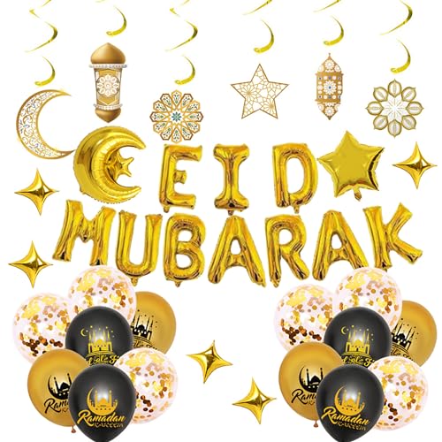 Eid Mubarak Ballons Dekoration Set Eid Mubarak Banner Eid Luftballons Gold Konfetti Helium Ballons und Eid Folienballon Stern und Mond Girlande für Eid Mubarak Ramadan Feier von NEWUPZSI