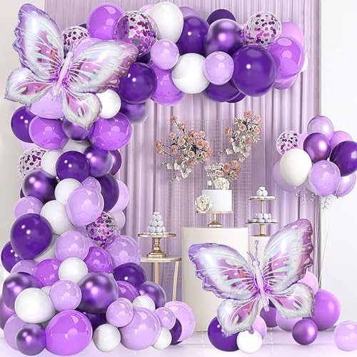 Geburtstagsdeko Lila Luftballons Mädchen Schmetterling Happy Birthday Konfettiballons, Vorhang Konfetti Herz Stern Folienballon Lila, Ballon Deko zum Geburtstag für Frauen Party von NEWUPZSI