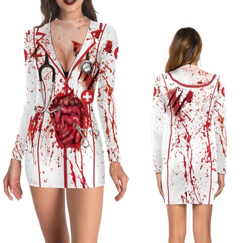 NEWUPZSI Halloween Kostüm Damen Krankenschwester Kleid Bodysuit Lady Catsuit Wickelkleid Bodycon Jumpsuit Knochen Langarm Ärztin Mantel Uniform Cosplay Horror Kostüm für Karneval Fasching Party NEWUPZSI Halloween Kostüm Damen Krankenschwester Kleid Bodysuit Lady Catsuit Wickelkleid Bodycon Jumpsuit Knochen Langarm Ärztin Mantel Uniform Cosplay Horror Kostüm für Karneval Fasching Party von NEWUPZSI