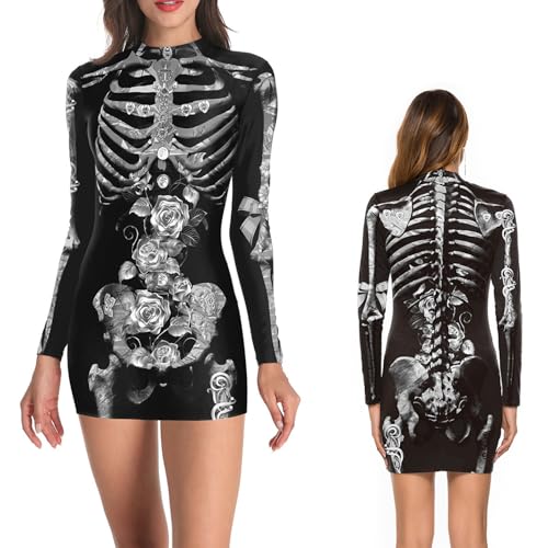 NEWUPZSI Halloween Kostüm Damen Skelett Kleid Bodysuit Lady Catsuit Skull Wickelkleid Bodycon Jumpsuit Knochen Langarm Skinny Skeleton kleider Cosplay Horror Kostüm für Halloween oder Karneval NEWUPZSI Halloween Kostüm Damen Skelett Kleid Bodysuit Lady Catsuit Skull Wickelkleid Bodycon Jumpsuit Knochen Langarm Skinny Skeleton kleider Cosplay Horror Kostüm für Halloween oder Karneval von NEWUPZSI