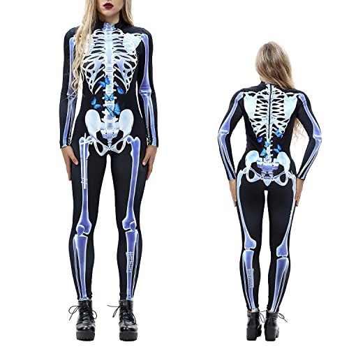 NEWUPZSI Halloween Kostüm Damen Skelett Overall Lady Catsuit Skull Skelett Jumpsuit Knochen Langarm Skinny Skeleton Catsuit Cosplay Overall Body Anzug Karneval Fasching Karneval Mottoparties von NEWUPZSI