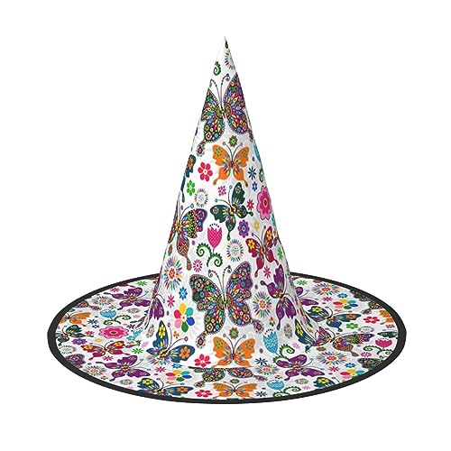 NEZIH Halloween Hut mit weißem Blumenmuster und bunten Schmetterlingen für Erwachsene, Partykostüm, konischer Hexenhut für Frauen, Kinder, Mädchen, Jungen von NEZIH