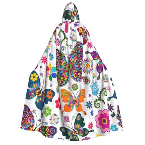 NEZIH Umhang mit Kapuze für Erwachsene, Motiv: weiße Blumen, bunte Schmetterlinge, Karneval, Hexe, Cosplay, Kostüm, Karneval, Partyzubehör, 190 cm von NEZIH