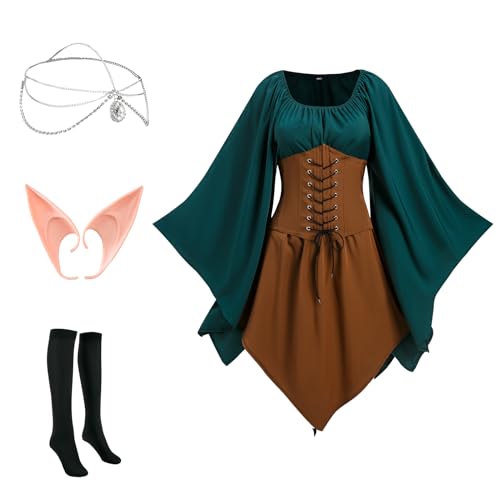 NFAOEGJ Damen Mittelalter Kleid - Traditionelles Irisches Gothic Kostüm für Halloween Cosplay Renaissance Mit Elfenohren, Haarschmuck, Overknee Socken (Braun, S) von NFAOEGJ