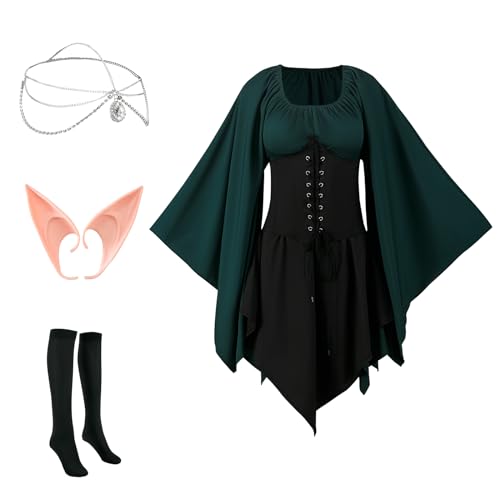NFAOEGJ Damen Mittelalter Kleid, Traditionelles Irisches Kleid Gothic Kleid für Halloween Cosplay Renaissance Kleid Kostüm mit Elfenohren, Haarschmuck, Overknee Socken (Grün, L) von NFAOEGJ