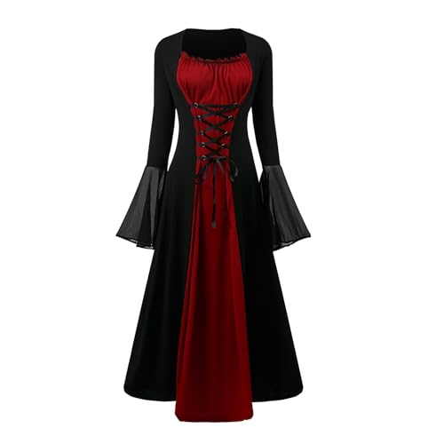 NFAOEGJ Damen Mittelalter Kleid mit Trompetenärmel,Traditionelles irisches Kleid für Damen Renaissance Cosplay Kostüm Karneval Party Halloween Kostüm (Rot, M) von NFAOEGJ