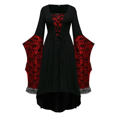NFAOEGJ Damen Mittelalter Kleid mit Trompetenärmel,Traditionelles irisches Kleid für Damen Renaissance Cosplay Kostüm Karneval Party Halloween Kostüm (Rot-1, XXL) von NFAOEGJ