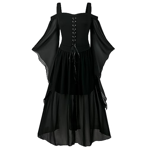 NFAOEGJ Damen Mittelalter Kleid mit Trompetenärmel,Traditionelles irisches Kleid für Damen Renaissance Cosplay Kostüm Karneval Party Halloween Kostüm (Schwarz, M) von NFAOEGJ