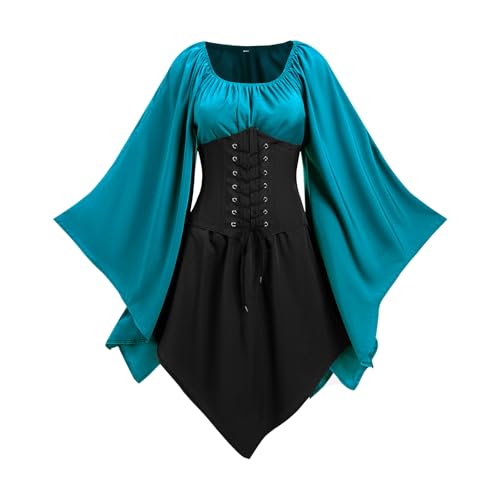 NFAOEGJ Damen Mittelalter Kleid mit Trompetenärmel,Traditionelles irisches Kleid für Damen Renaissance Karneval Kostüm Cosplay Party Halloween Kostüm (Blau, M) von NFAOEGJ