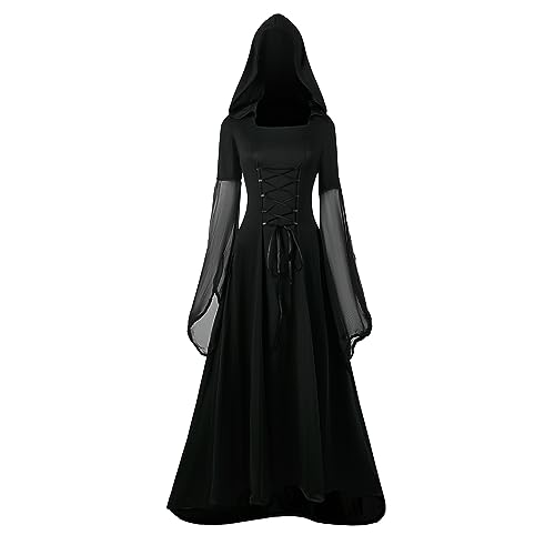 NFAOEGJ Gothic Kleidung Damen Schnürkleid mit Kapuze, Vintage Mittelalter Gebunden Taille Kleid, Renaissance Party Festlich Cosplay Dress, Halloween Kostüm Damen (Schnürkleid mit Kapuze, 3XL) von NFAOEGJ