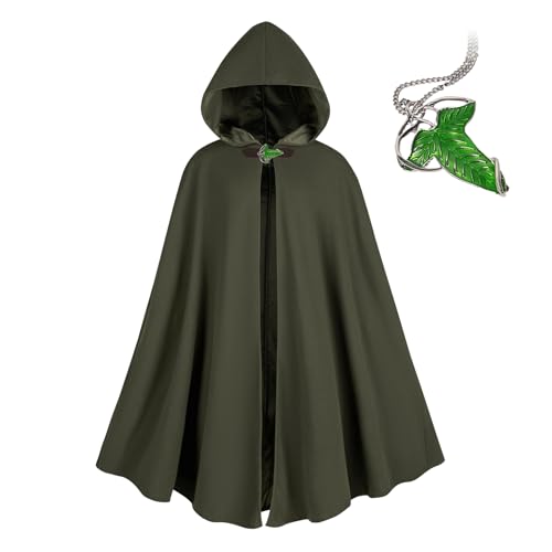 NFAOEGJ Renaissance Kapuzenumhang Mit Green Leaf Elven Brosche Mittelalter Kleidung Unisex, Halloween Mittelalter Hobbit Kapuzenmantel (Grün) von NFAOEGJ
