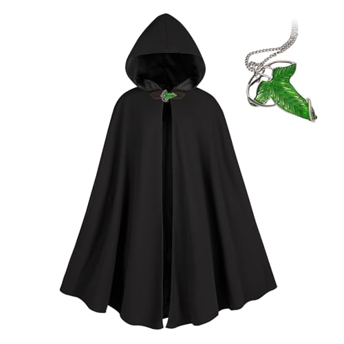 NFAOEGJ Renaissance Kapuzenumhang Mit Green Leaf Elven Brosche Mittelalter Kleidung Unisex, Halloween Mittelalter Hobbit Kapuzenmantel (Schwarz) von NFAOEGJ