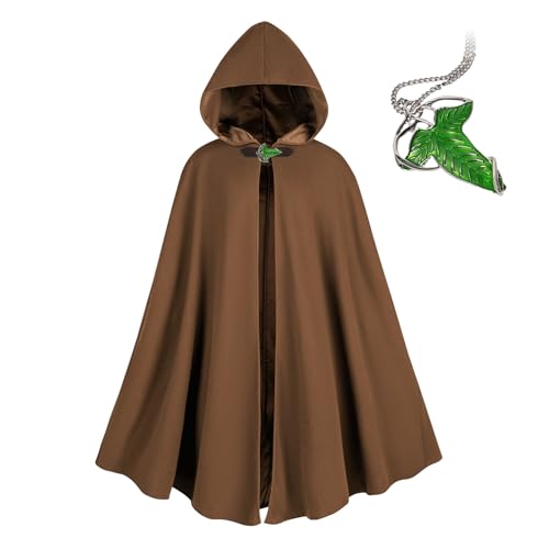 NFAOEGJ Renaissance Kapuzenumhang Mit Green Leaf Elven Brosche Mittelalter Kleidung Unisex, Halloween Mittelalter Kapuzenmantel (Braun) von NFAOEGJ