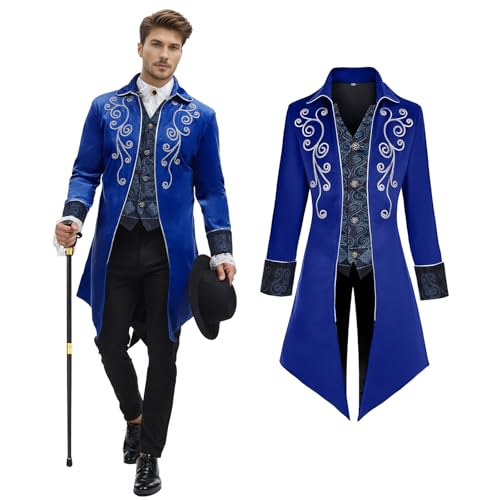 NFAUEIK Herren Mittelalter Steampunk Jacke Viktorianischer Mantel Renaissance Renaissance Frack Halloween Kostüm (Blau, XL) von NFAUEIK