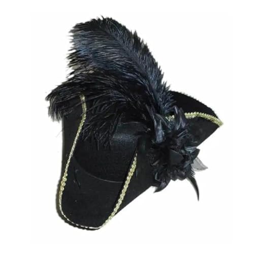 NFEKLFI Dreispitz Dreieckhut Piratenkapitän Landhausstil Schwarzer antiker Hut Vintage Federhut Piratenhof Zylinder Cosplay Musical(Black feather) von NFEKLFI