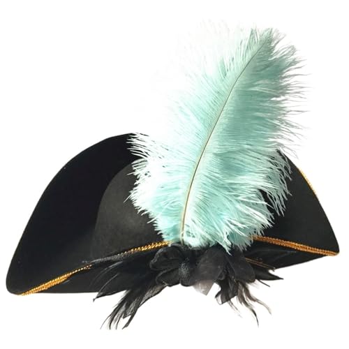 NFEKLFI Dreispitz Dreieckhut Piratenkapitän Landhausstil Schwarzer antiker Hut Vintage Federhut Piratenhof Zylinder Cosplay Musical(Light blue feather) von NFEKLFI