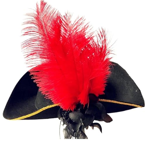 NFEKLFI Dreispitz Dreieckhut Piratenkapitän Landhausstil Schwarzer antiker Hut Vintage Federhut Piratenhof Zylinder Cosplay Musical(Red feather) von NFEKLFI